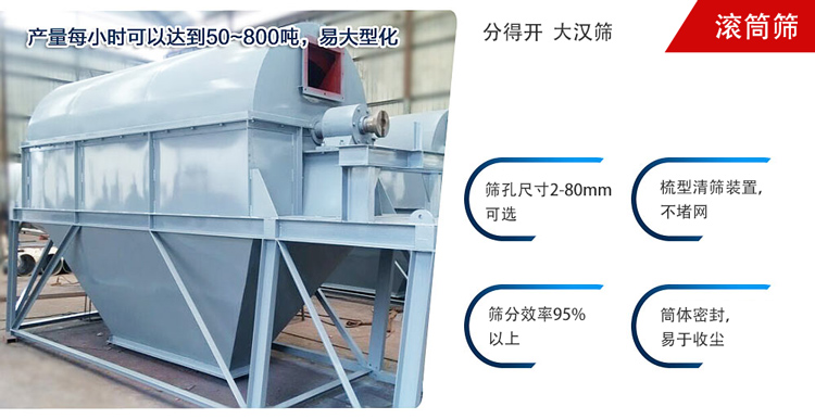 滾筒篩分開放式,封閉式兩種選擇無塵篩分。無軸滾筒：適用生活垃圾等一些有一定纏繞性物料;有軸滾筒：適用石料，砂土等含水量較少的物料