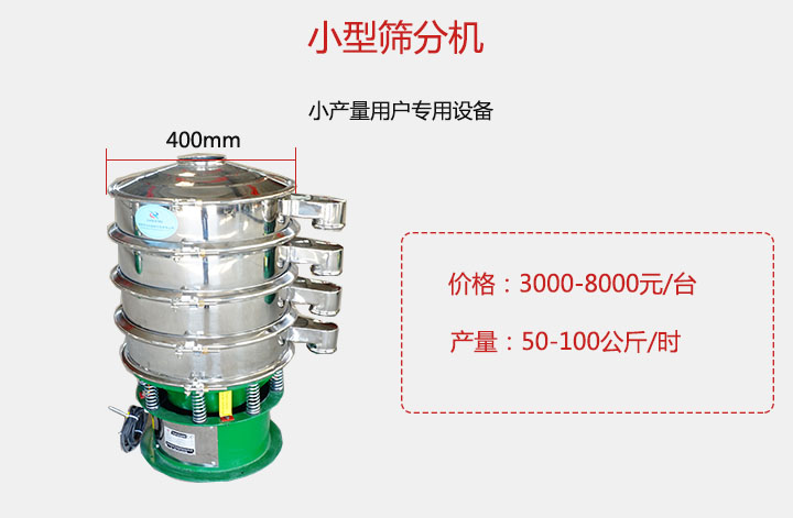 小型篩分機(jī)產(chǎn)量可達(dá)100公斤/時，價格3000元起。