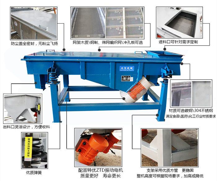 方形振動(dòng)篩結(jié)構(gòu)包括：防塵蓋：全密封，無(wú)粉塵飛揚(yáng)。網(wǎng)架木質(zhì)/鋼制，篩網(wǎng)編織網(wǎng)/沖孔板可選。進(jìn)料口可針對(duì)需求定制。出料口靈活設(shè)計(jì)，方便受料，材質(zhì)可選碳鋼/304不銹鋼滿足食品/醫(yī)藥/化工行業(yè)材質(zhì)要求。優(yōu)質(zhì)彈簧。配置特優(yōu)ZTD振動(dòng)電機(jī)質(zhì)量更好，壽命更長(zhǎng)。支架采用優(yōu)質(zhì)方管，更穩(wěn)固整機(jī)高度可根據(jù)現(xiàn)場(chǎng)要求，加高或降低。