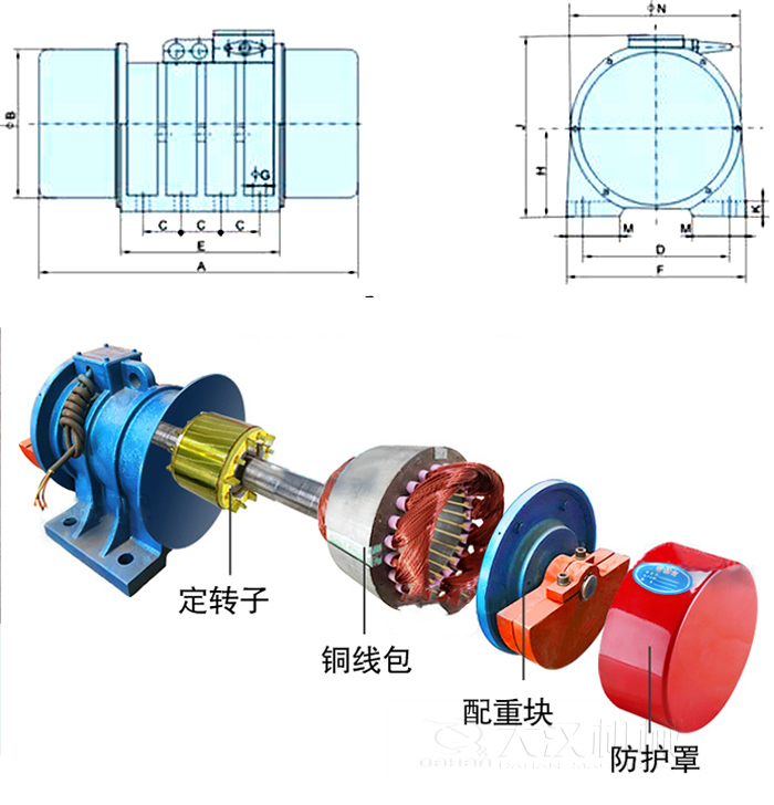 YZS振動電機內(nèi)部主要部件：定轉(zhuǎn)子，銅線包，配重塊，防護罩。