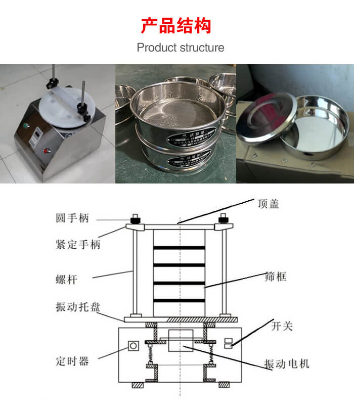 實(shí)驗(yàn)室振動(dòng)篩-試驗(yàn)篩結(jié)構(gòu)主要由：圓手柄，緊定手柄，螺桿，振動(dòng)托盤，篩框，頂蓋等。